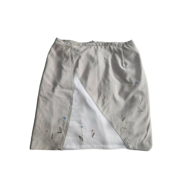90s Vintage Lined Mini Skirt Short Linen Floral Embroidery Sheer Rayon 14 - Picture 1 of 5